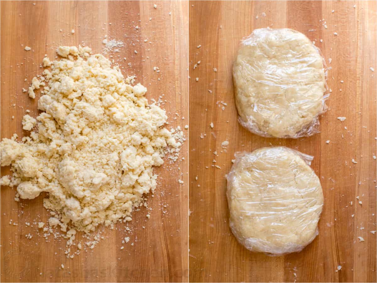 course texture of pie dough before and after being pulled into pie disks.