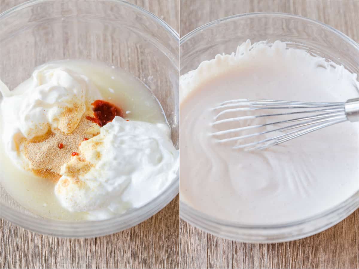 Before and after of mayo, sour cream, Sriracha, garlic powder and lime juice whisked into garlic-lime crema sauce