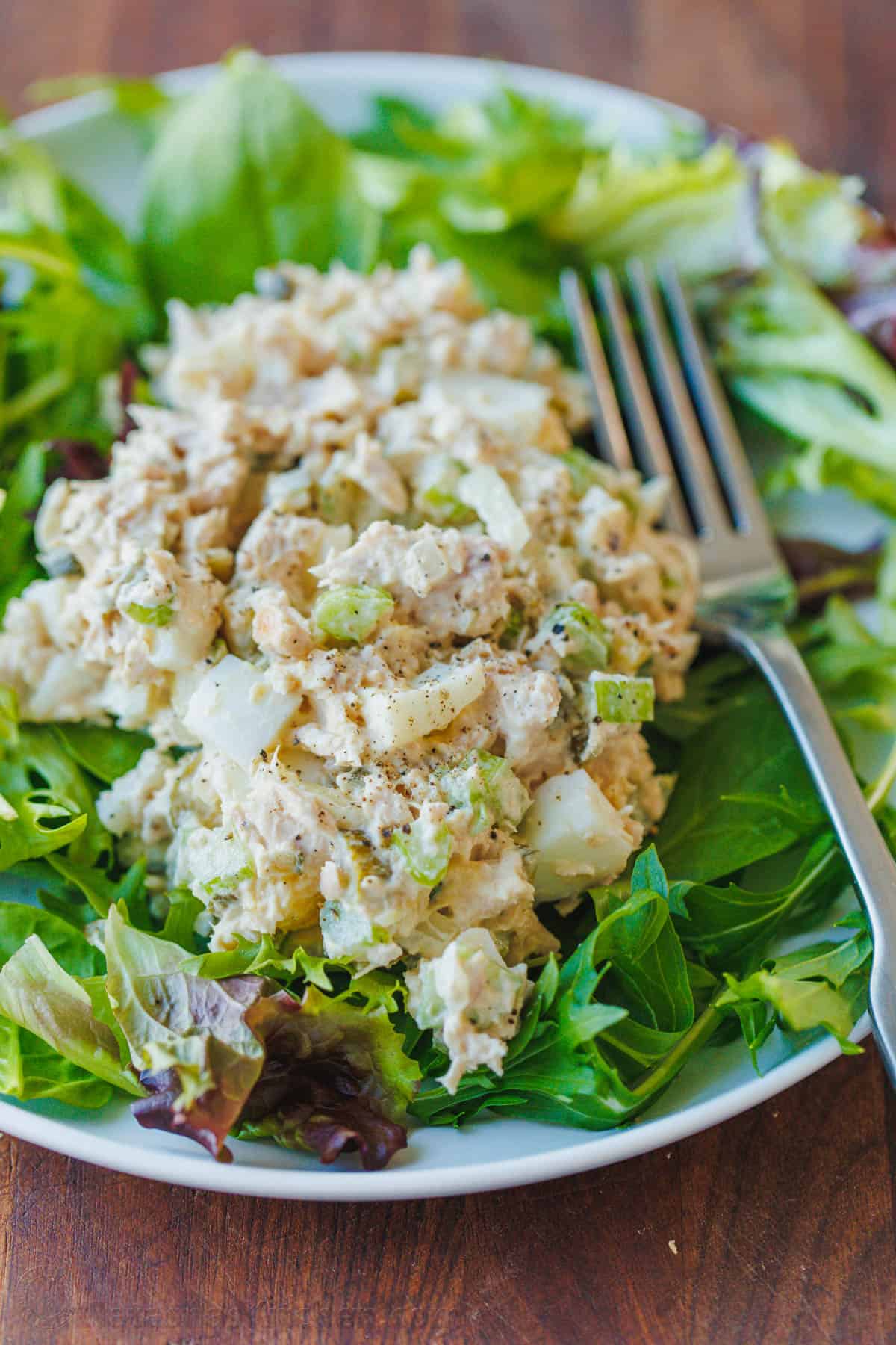 This Classic Tuna Salad recipe is light and fresh, made with tuna, celery, eggs, and the best tuna salad dressing. Great for meal prep lunch! Classic tuna salad served over a bed of greens on a white plate, with a fork.