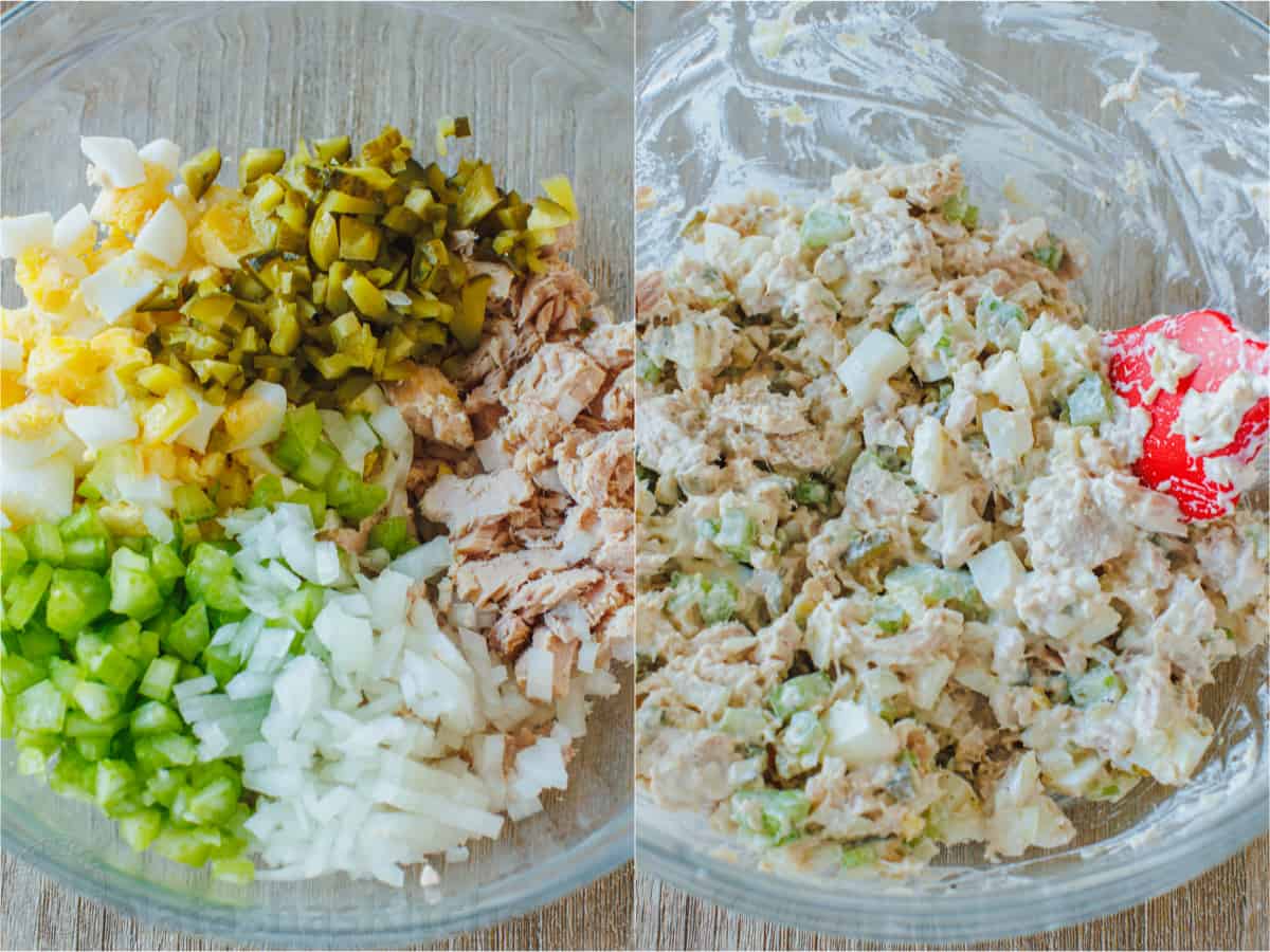 This Classic Tuna Salad recipe is light and fresh, made with tuna, celery, eggs, and the best tuna salad dressing. Great for meal prep lunch! Side-by-side photos showing the process of mixing the ingredients together for tuna salad.